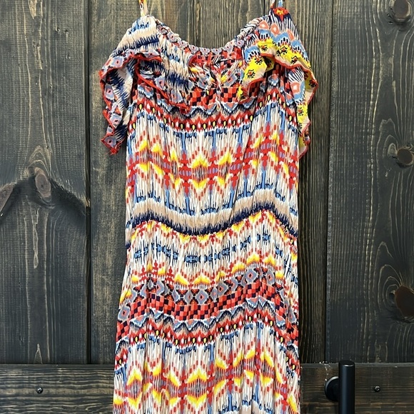 Easel Pleated Maxi Dress L Colorful Boho Ruffle Sleeveless Flowy Spring Summer - Picture 8 of 12